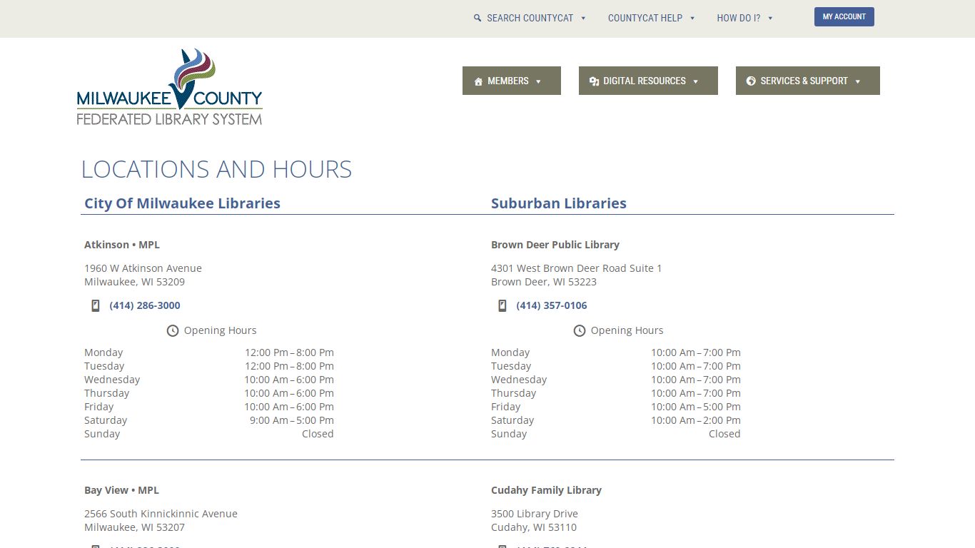 Locations and Hours - Milwaukee County Federated Library System